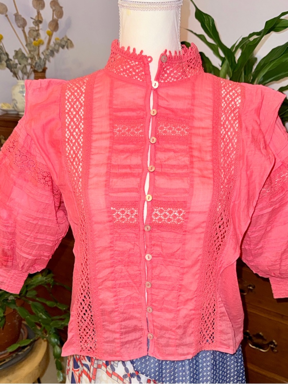 Pink Coral Lace-Trim Button Front Blouse Rosalind Top by Free People XS